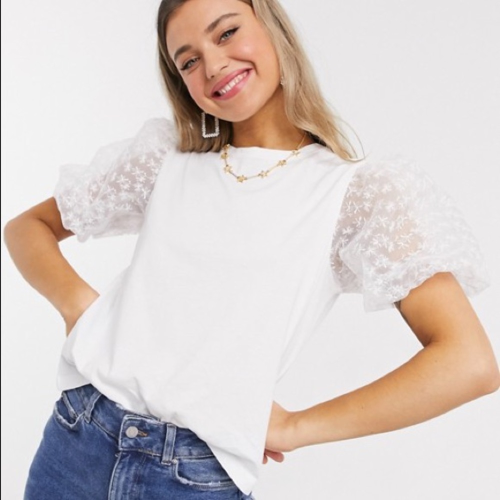 ASOS Organza Floral Embroidered Puff Sleeve Blouse